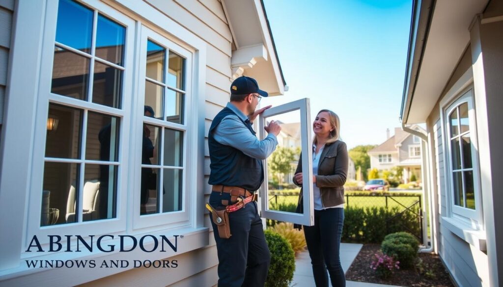 A modern exterior view of a stylish house in Abingdon featuring newly installed replacement windows. The foreground showcases the elegant windows from "Abingdon Windows and Doors," highlighting their clean lines and energy-efficient design. In the middle ground, a professional contractor, dressed in a neat uniform, is measuring a window frame while discussing details with a satisfied homeowner in casual yet smart attire. The background includes a scenic Abingdon neighborhood with well-maintained gardens under a bright blue sky, suggesting a sunny day. Soft, natural lighting emphasizes the window features and creates a welcoming atmosphere. The image captures the essence of quality service and satisfaction in window replacement. A modern exterior view of a stylish house in Abingdon featuring newly installed replacement windows. The foreground showcases the elegant windows from "Abingdon Windows and Doors," highlighting their clean lines and energy-efficient design. In the middle ground, a professional contractor, dressed in a neat uniform, is measuring a window frame while discussing details with a satisfied homeowner in casual yet smart attire. The background includes a scenic Abingdon neighborhood with well-maintained gardens under a bright blue sky, suggesting a sunny day. Soft, natural lighting emphasizes the window features and creates a welcoming atmosphere. The image captures the essence of quality service and satisfaction in window replacement.