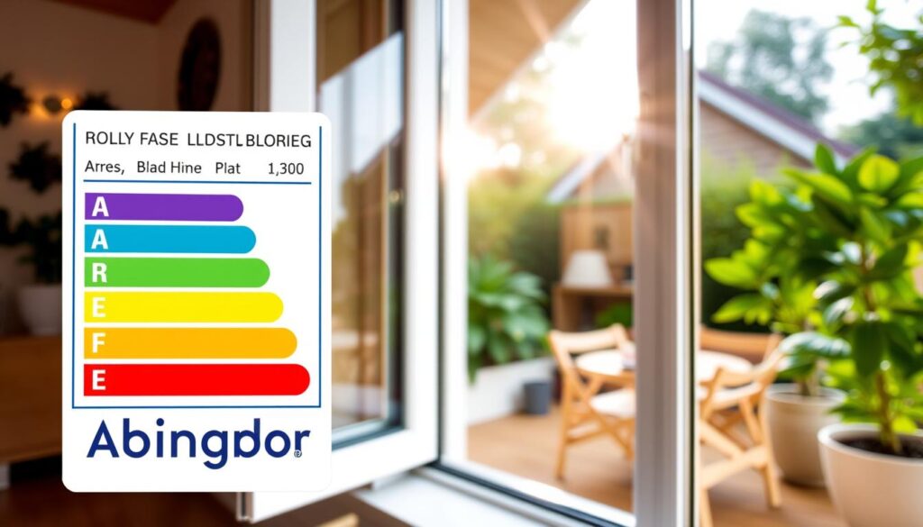 A visually engaging illustration of double glazing energy ratings, prominently featuring the logo of "Abingdon Windows and Doors." In the foreground, display a detailed energy rating label showing grades from A++ to E, in vibrant colors to signify efficiency levels. The middle ground should include a sleek, modern double-glazed window showcasing its layers and materials, with a subtle reflection of sunlight indicating energy efficiency. The background should feature a soft-focus view of a cozy, energy-efficient home setting, with lush greenery around, conveying a sustainable atmosphere. Use natural lighting to enhance the warmth and positivity of the scene, capturing a professional and inviting mood suitable for an informative article. A visually engaging illustration of double glazing energy ratings, prominently featuring the logo of "Abingdon Windows and Doors." In the foreground, display a detailed energy rating label showing grades from A++ to E, in vibrant colors to signify efficiency levels. The middle ground should include a sleek, modern double-glazed window showcasing its layers and materials, with a subtle reflection of sunlight indicating energy efficiency. The background should feature a soft-focus view of a cozy, energy-efficient home setting, with lush greenery around, conveying a sustainable atmosphere. Use natural lighting to enhance the warmth and positivity of the scene, capturing a professional and inviting mood suitable for an informative article.